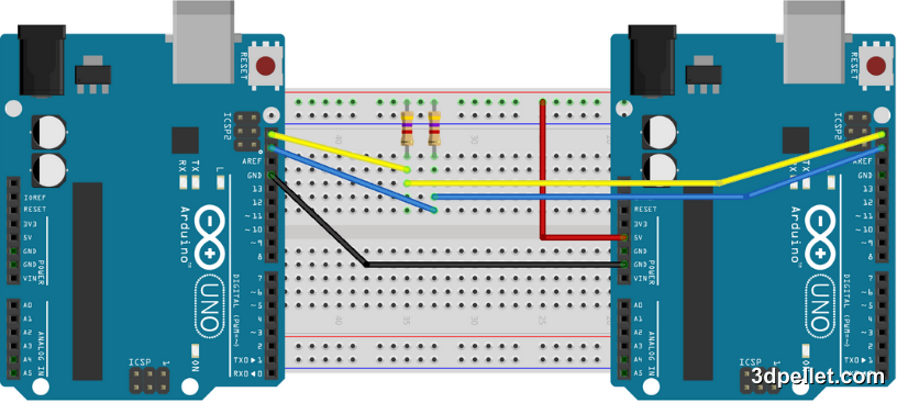 Esquema de conexión de dos Arduinos utilizando bus I2C.