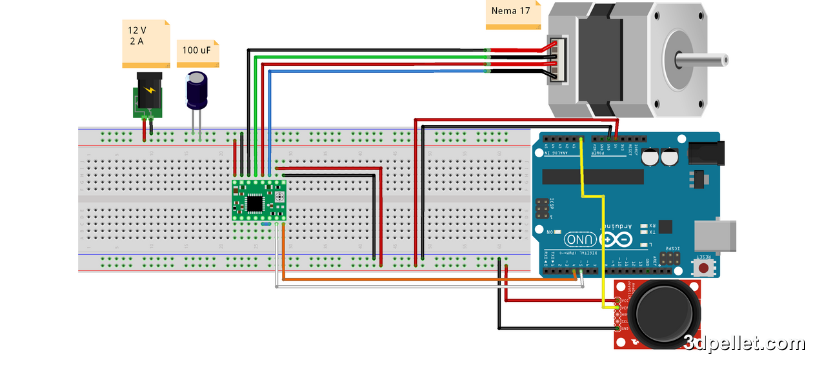 Minimum wiring to use the A4988 driver on a breadboard, controlled with a joystick and Arduino.