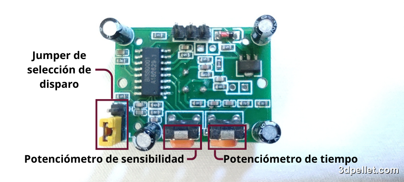 Interfaces de ajuste del sensor de movimiento PIR HC-SR501.