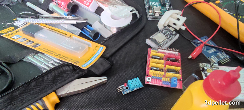 Various tools and electronic components.