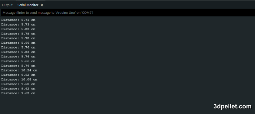 HC-SR04 distance reading in the Arduino serial monitor.