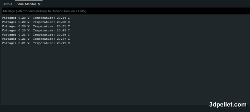LM35 sensor reading in the Arduino serial monitor.